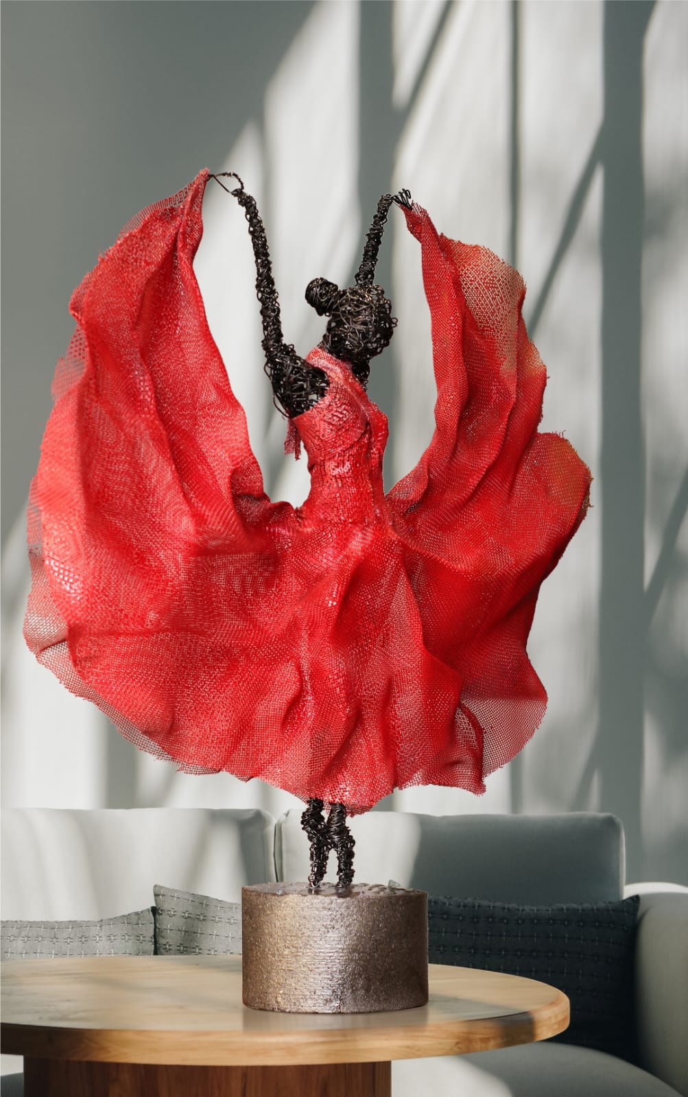 Wire and red mesh dancer sculpture on stand — Aryaveil India